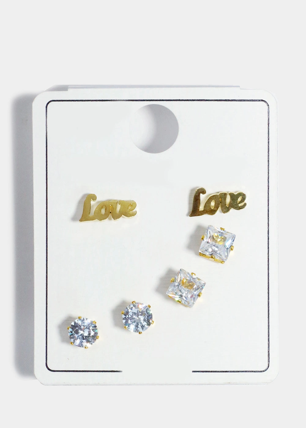 3 Pair "LOVE" & Rhinestone Stud Earrings Classic Pairing