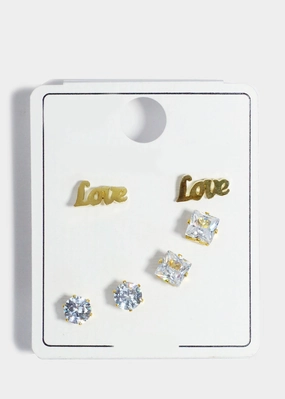 3 Pair "LOVE" & Rhinestone Stud Earrings Classic Pairing