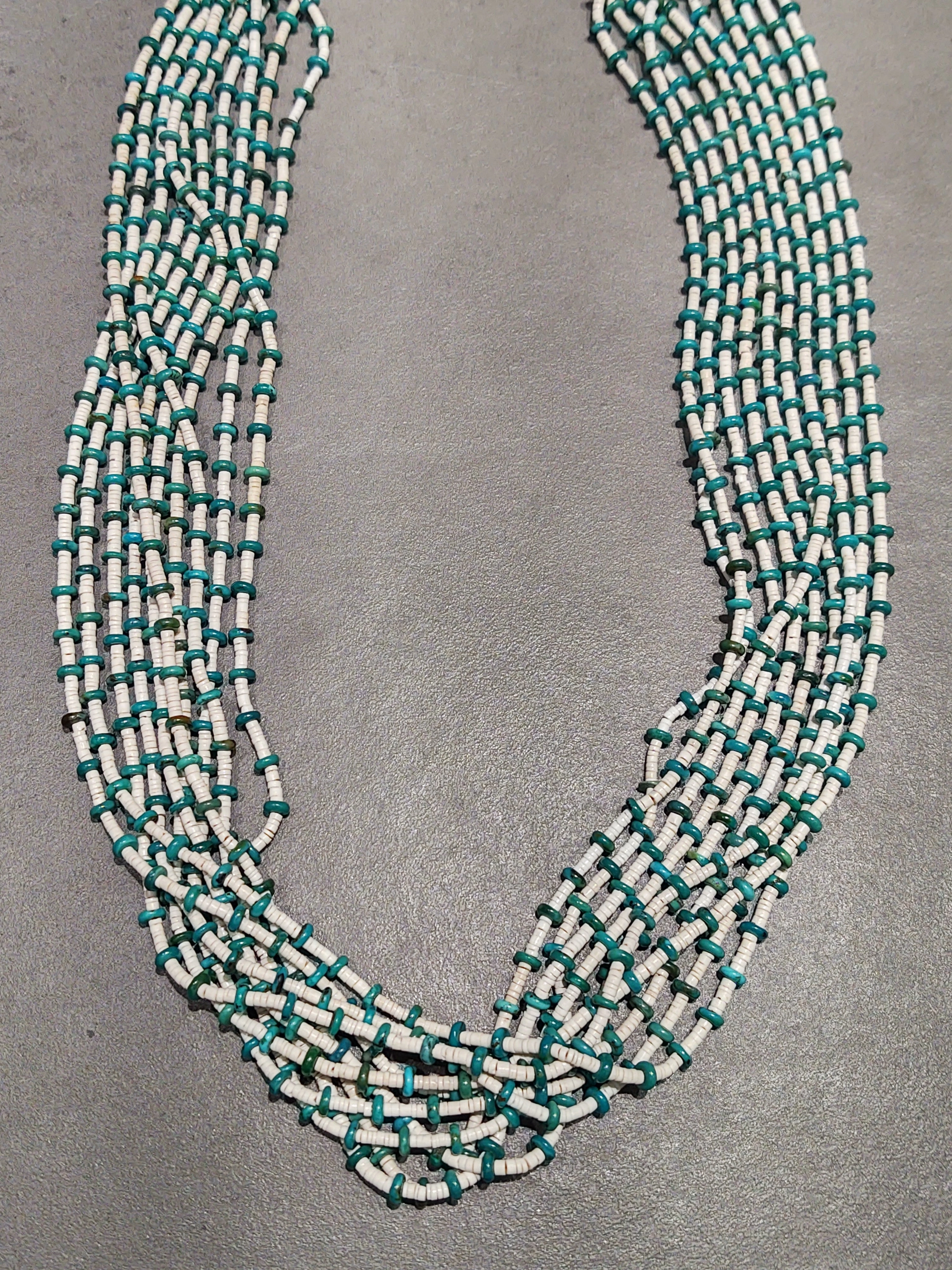Opulent Detail Dynamic Highlight Marilyn Moquino Kewa Turquoise & White Clamm10-Strand Necklace - Handmade Native American