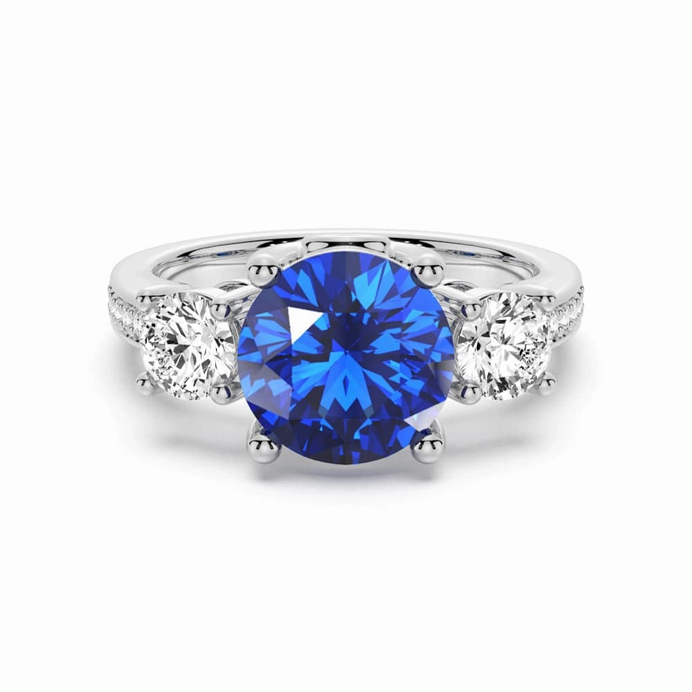 Breezy Look Glam Focus 2.5 CT. Classic Blue Sapphire and White Sapphire Three Stone Ring