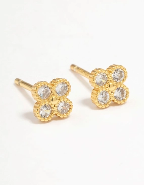 Luxe Mood Smart Finish Gold Plated Sterling Silver Cubic Zirconia Flower Stud Earrings