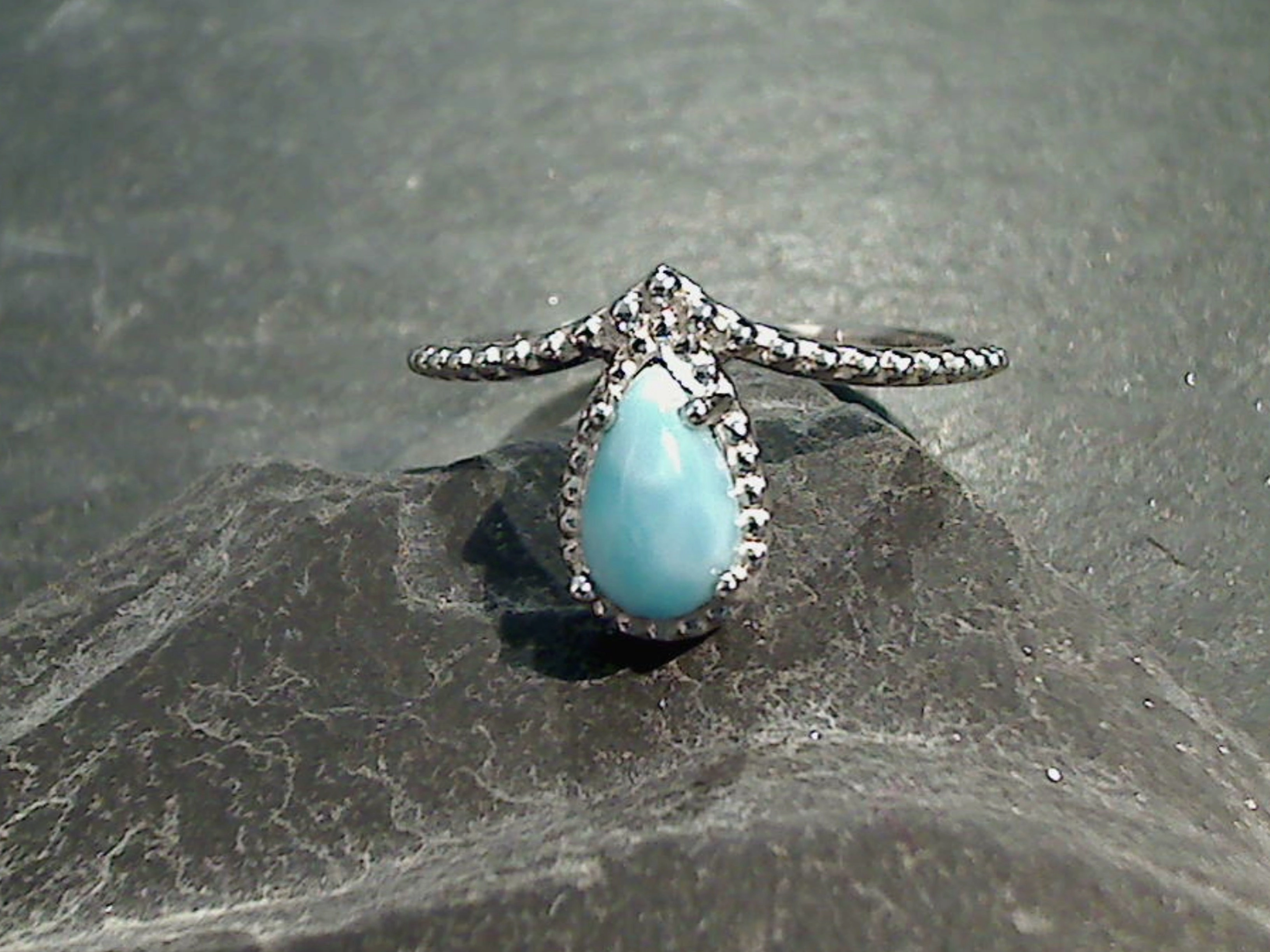 Size 7 Larimar, Rhodium Plated Sterling Silver Ring Delicate Finish Bold Pieces Design