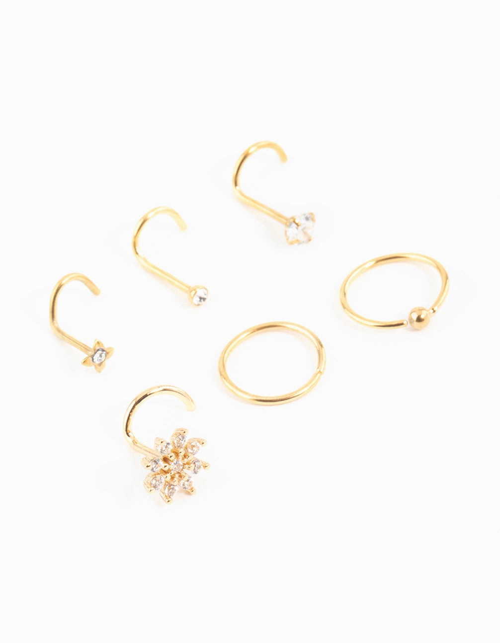 Special Day Custom Craft Gold Plated Surgical Steel Cubic Zirconia Flower Nose Ring & Stud 6-Pack