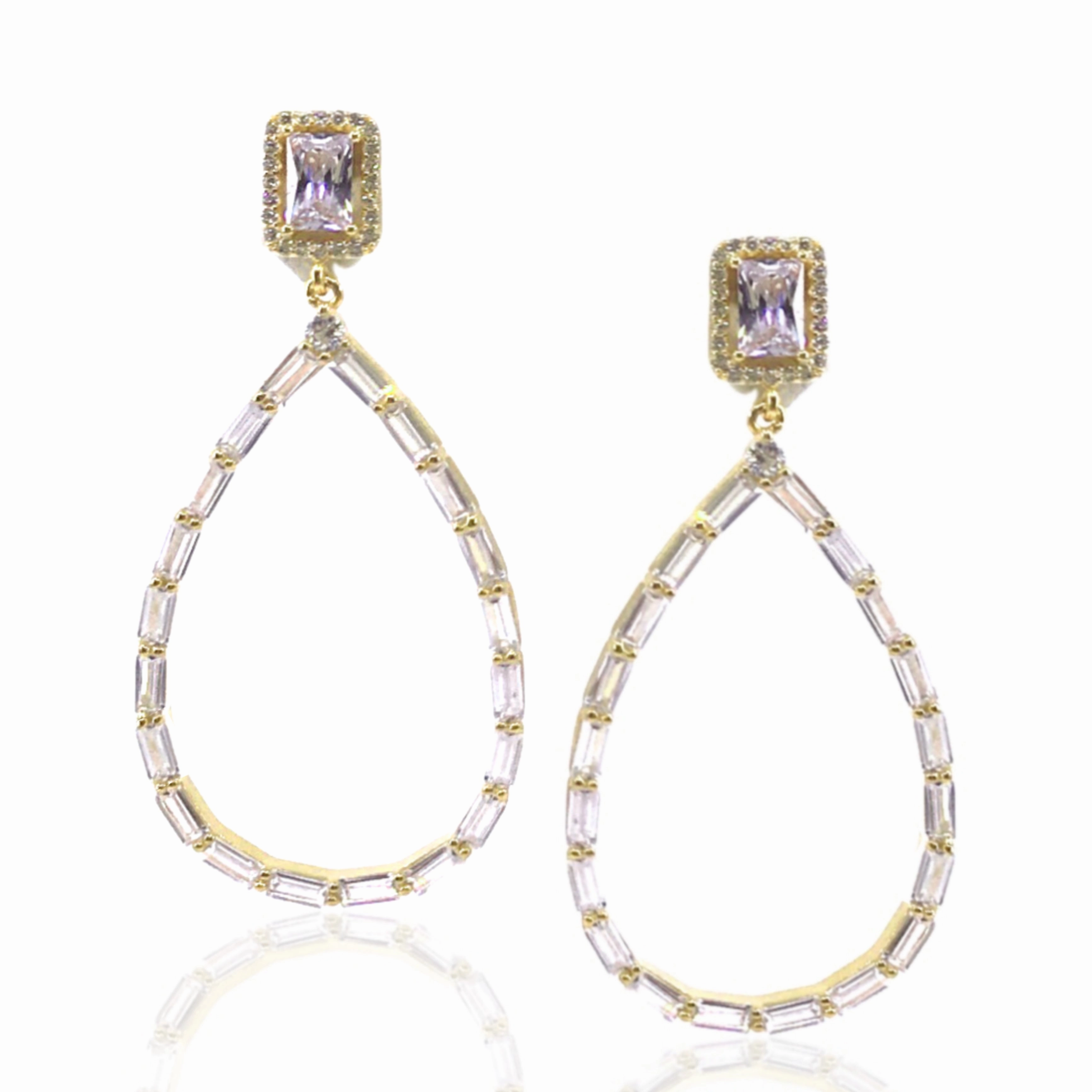 Rose Gold / Gold / Rhodium Plated Sterling Silver Baguette Teardrop Earrings Luxury Finish Shine Workwear Style