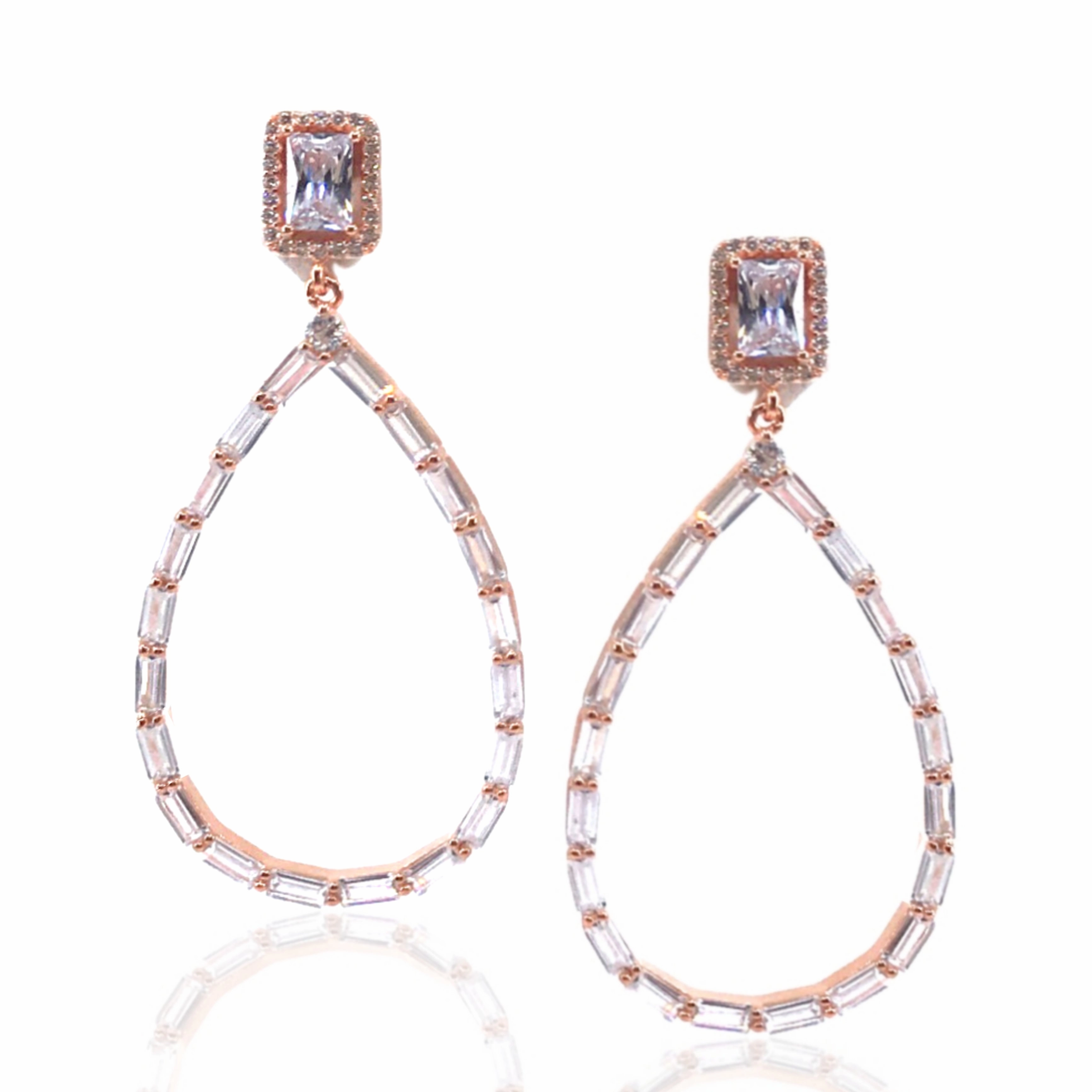 Rose Gold / Gold / Rhodium Plated Sterling Silver Baguette Teardrop Earrings High Class