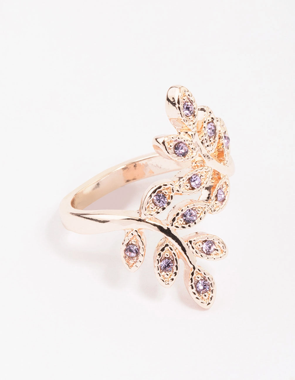 Close Up Lustrous Feature Rose Gold Floral Leaf Wrap Ring