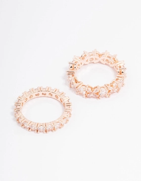 Sunset Look Glitter Detail Rose Gold Flower Band Stacking Ring Set