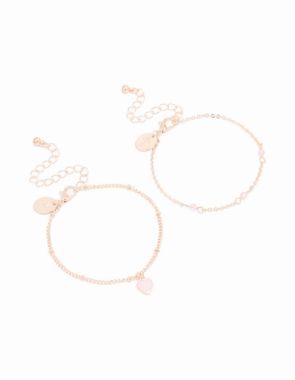 Typical View Noble Style Rose Gold Pink Stone Heart Charm & Chain Bracelets 2-Pack