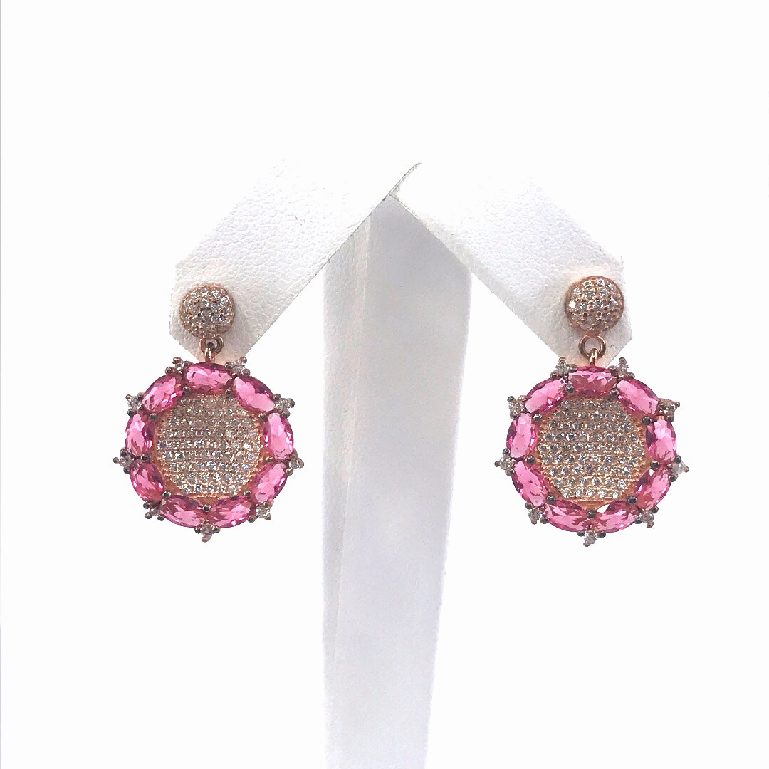 Rose Gold Plated Sterling Silver Circle Earrings with Pink CZs Fashion Daily Bridal Look
