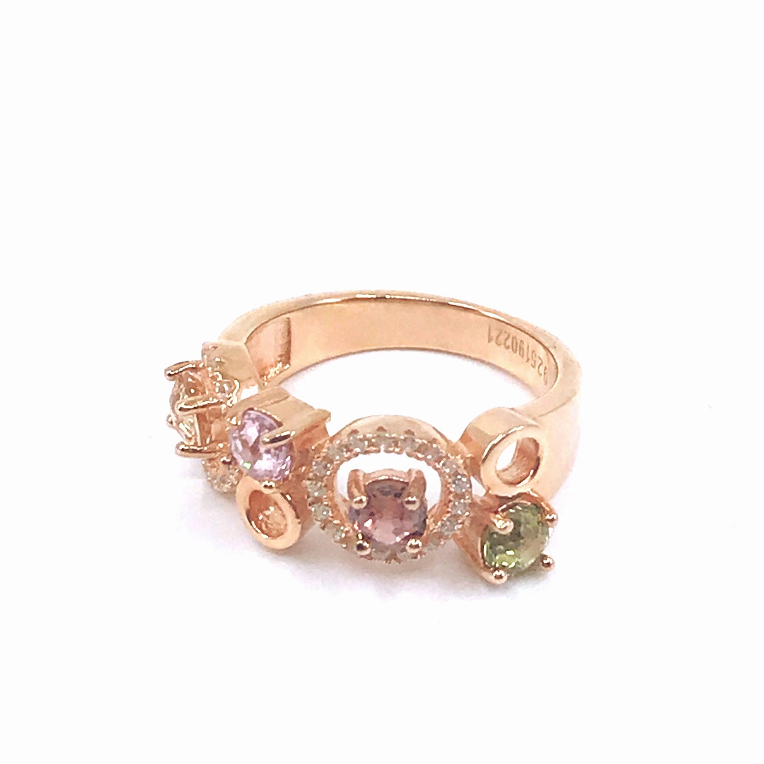 Sparkling finish Modern Flair Rose Gold Plated Sterling Silver Circles Multicolor CZ Ring