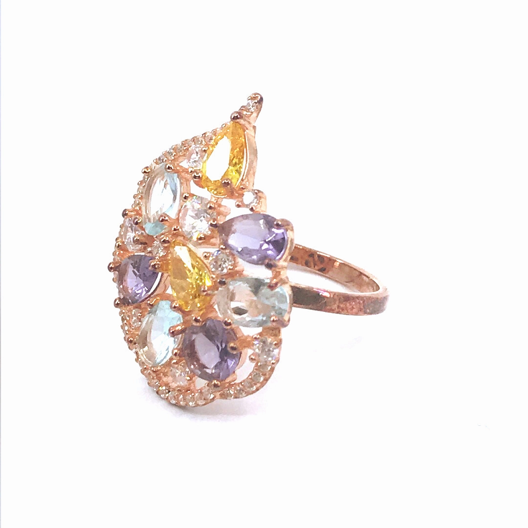 Rose Gold Plated Sterling Silver Color CZ Teardrop Ring Subtle Form Layered Spark