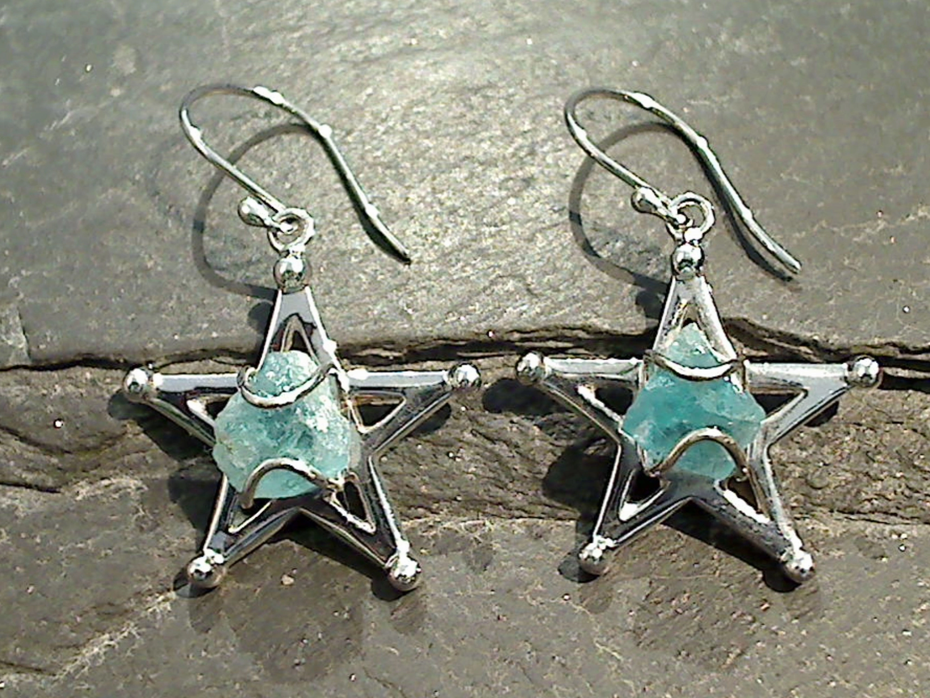 Rough Apatite, Rhodium Plated Sterling Silver Star Earrings Fresh Mood