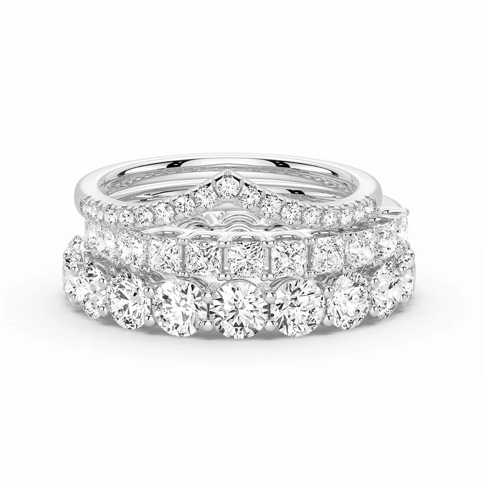 Trendy Article Round And Princess Moissanite Eternity Bands with Curved V Wedding Stacking Rings