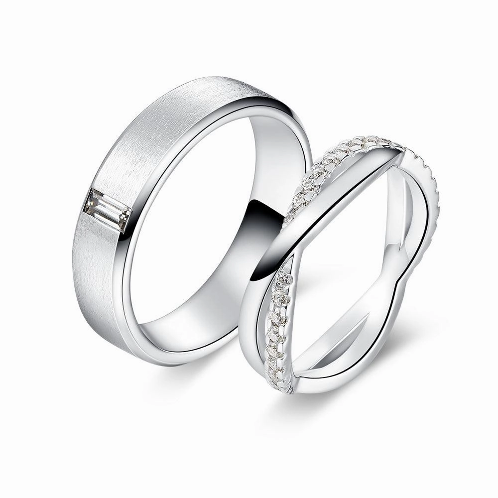 Satin Finish Emerald Cut and Infinity Moissanite Eternity Couple's Ring Set Romantic Symbol