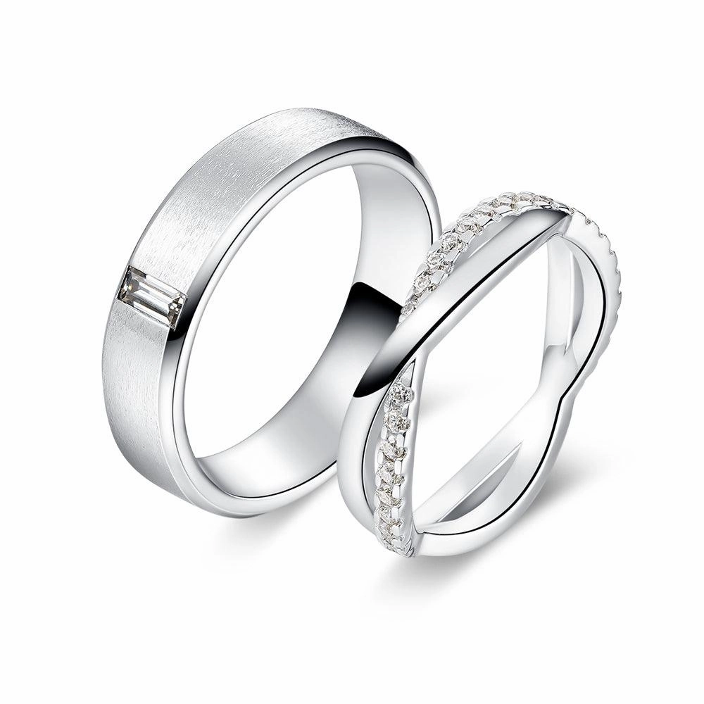Exquisite Decoration Satin Finish Emerald Cut and Infinity Moissanite Eternity Couple's Ring Set