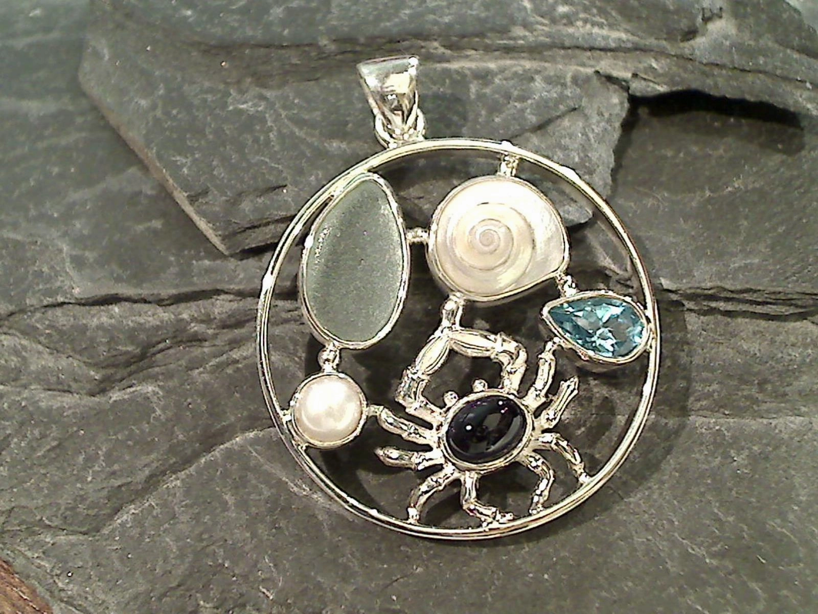 clean look Sea Glass, Iolite, Topaz, Pearl, Sterling Pendant