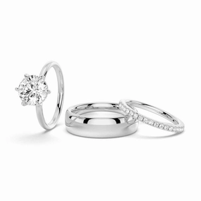 Fantastic Gift Minimal Contour Six Prong Solitaire Moissanite Couple's Ring Set with Men's Wedding Band