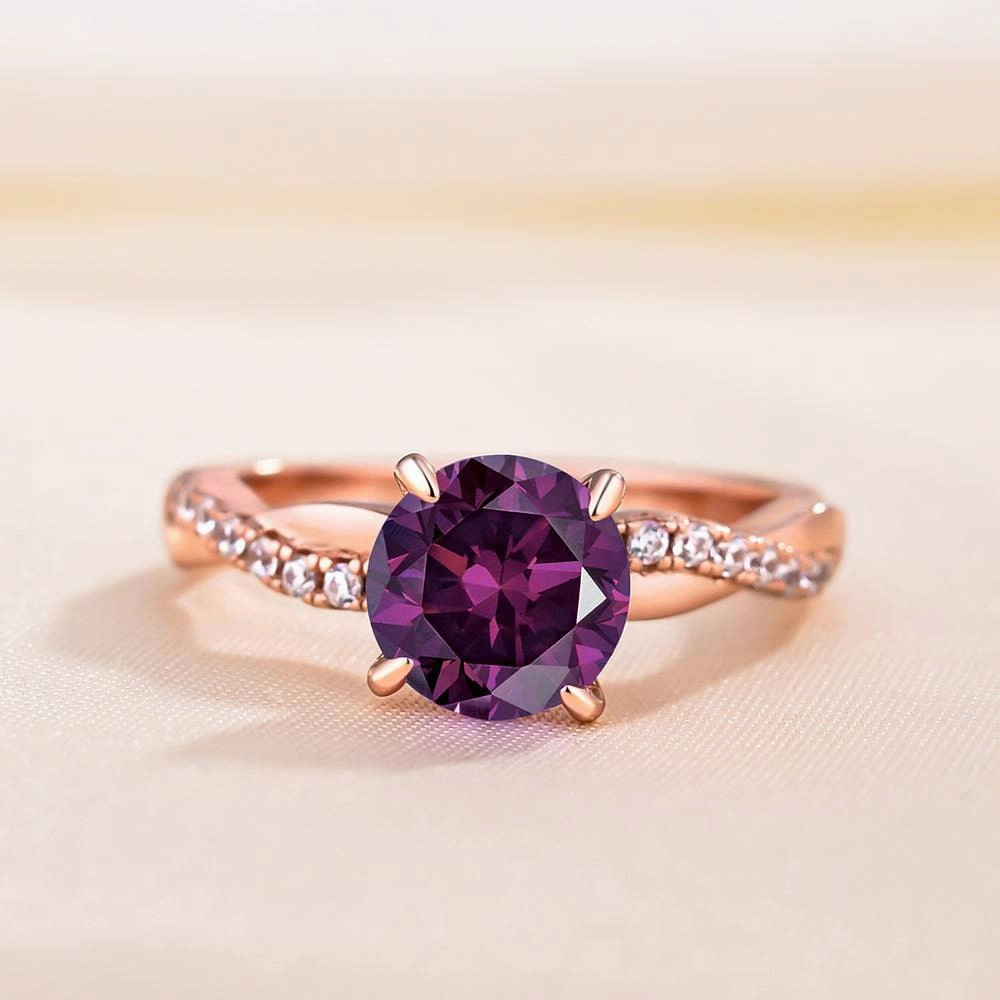 Louily Rose Gold Twist Round Cut Amethyst Purple Promise Ring For Her Comfortable Style