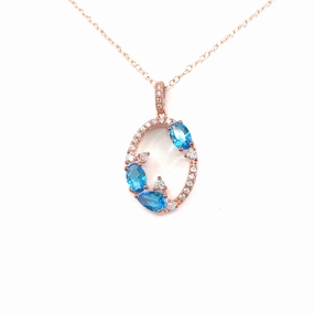 Muted Mood Artisan Glam Rose Gold Plated Sterling Silver Blue CZ Oval Pendant Necklace