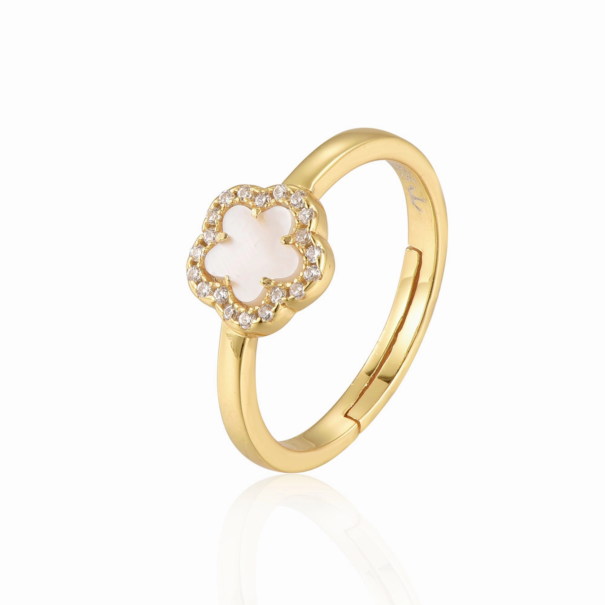 Sterling Silver Gold Plated Mother of Pearl CZ Flower Ring Radiant Finish Pieces Artisan Touch