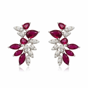 Sterling Silver Ruby and Clear CZ Cluster Stud Earring Glowing Accent Minimal Chic