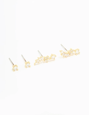 Fashion Style Fashionable Craft Gold Plated Cubic Zirconia Floral Crawler Stud Earrings 2-Pack