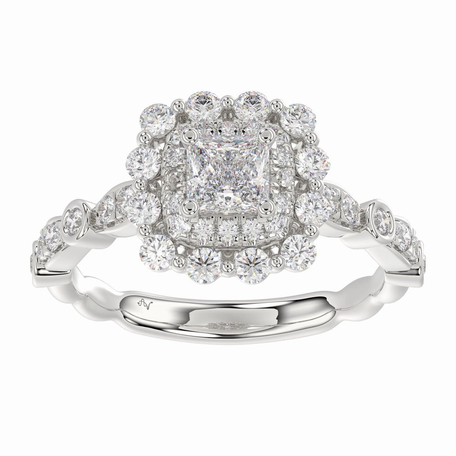 LADIES RING 1.25CT PRINCESS /ROUND DIAMOND 14K WHITE GOLD Premium Feature Polished Style