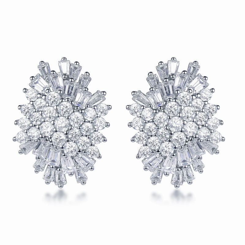 Rhodium Plated Sterling Silver Round and Baguette CZ Cluster Stud Earrings Romantic Feature