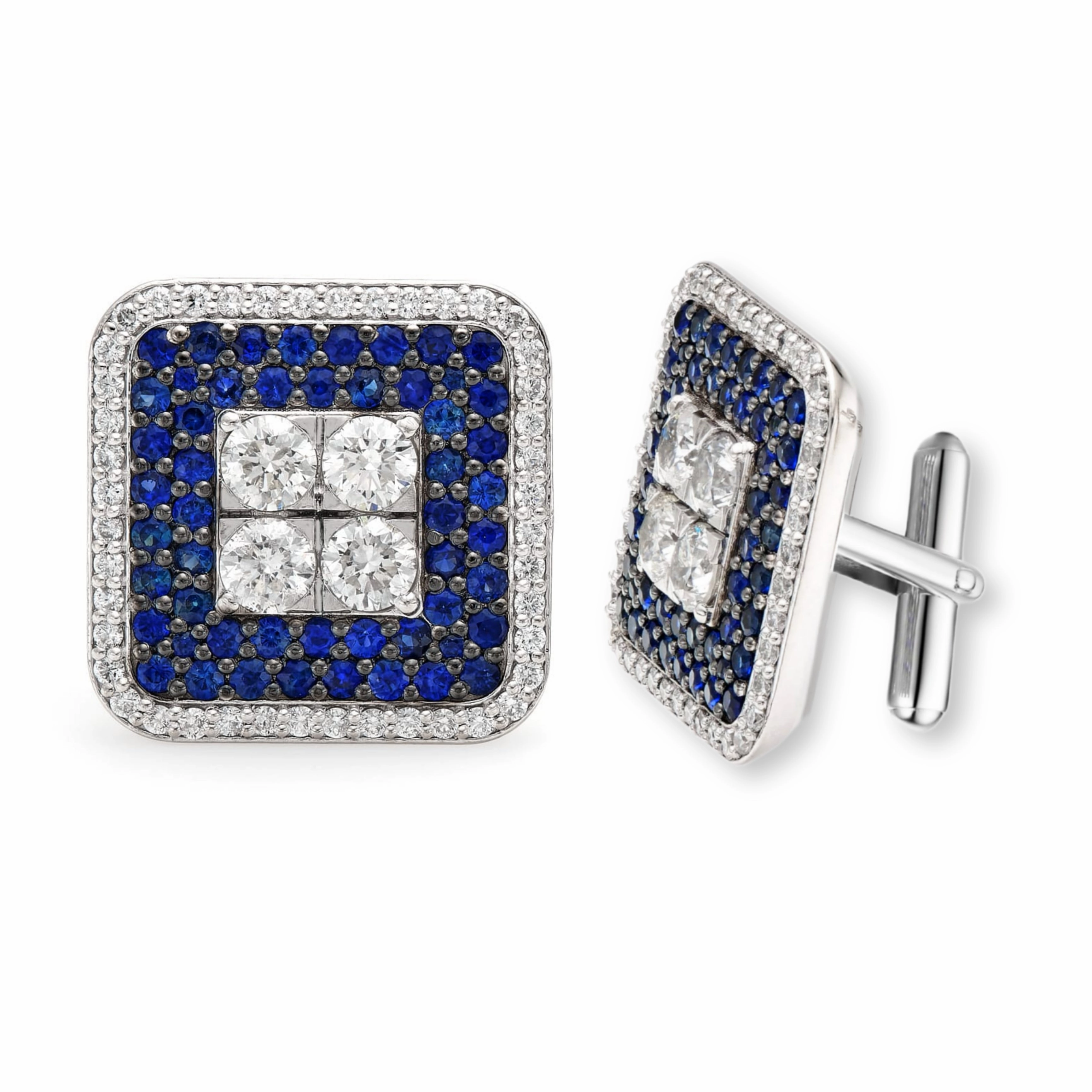 Rhodium Plated Sterling Silver Square Sapphire and Clear CZ Cufflinks Soft Mood