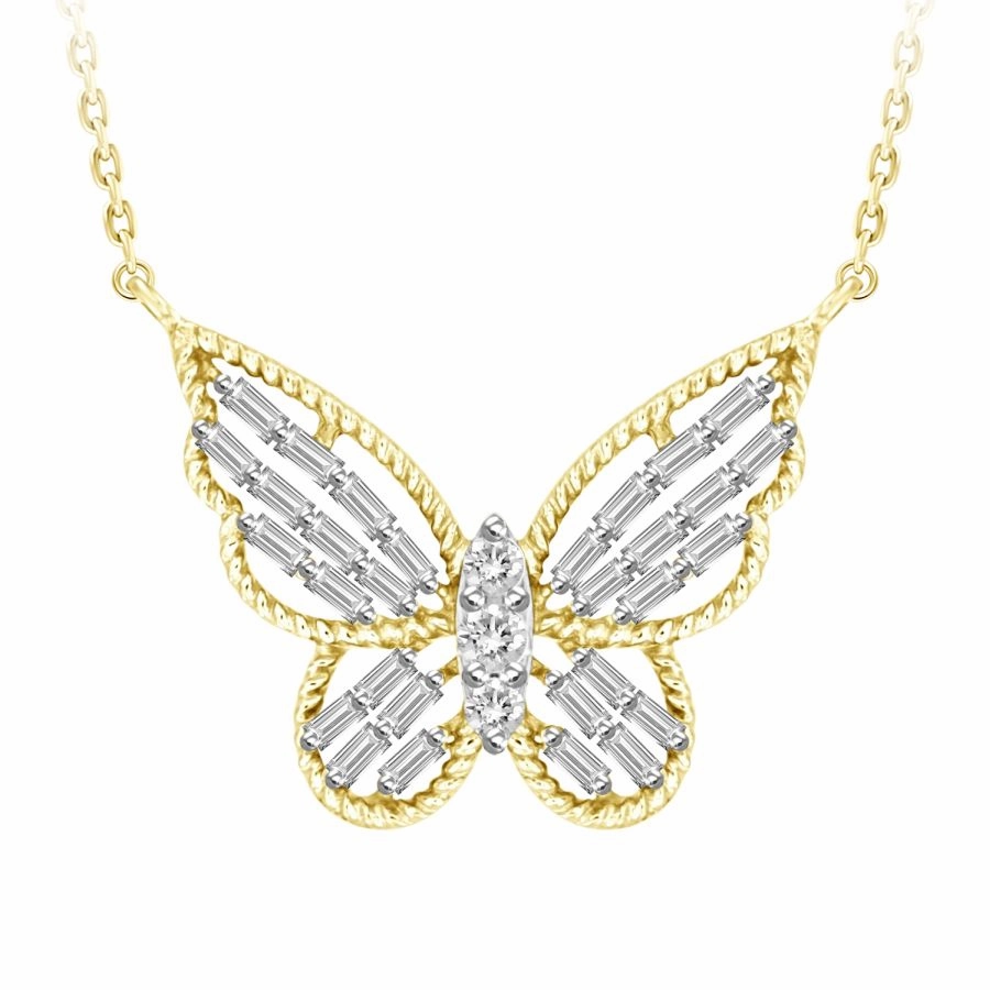 LADIES NECKLACE 0.25CT ROUND/BAGUETTE DIAMOND 10K YELLOW GOLD Radiant Detail