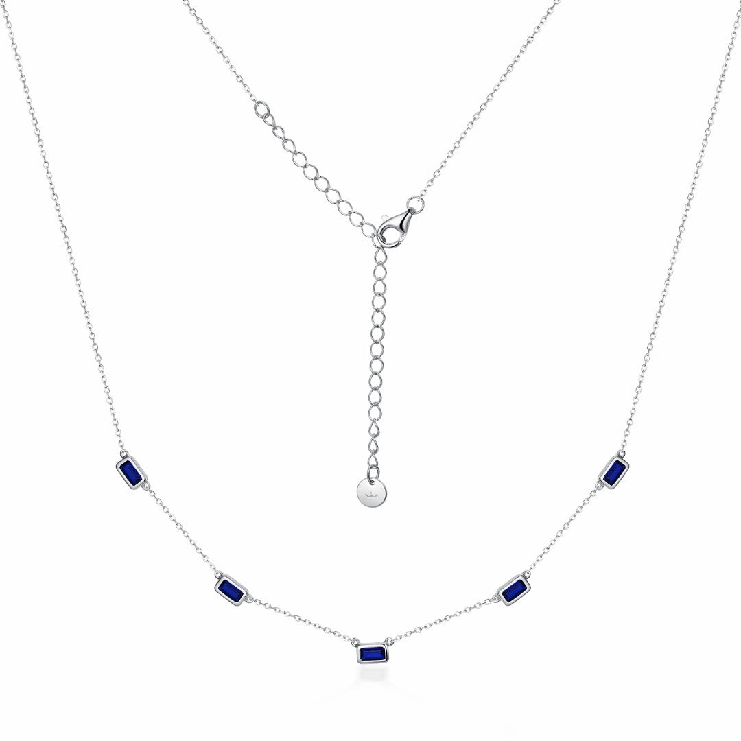 Classic Detailing Graceful Edge Sterling Silver Rectangular Mother of Pearl/Sapphire CZ Station Necklace