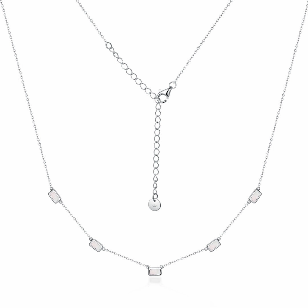 Sterling Silver Rectangular Mother of Pearl/Sapphire CZ Station Necklace Glistening Glow Dazzling Highlight