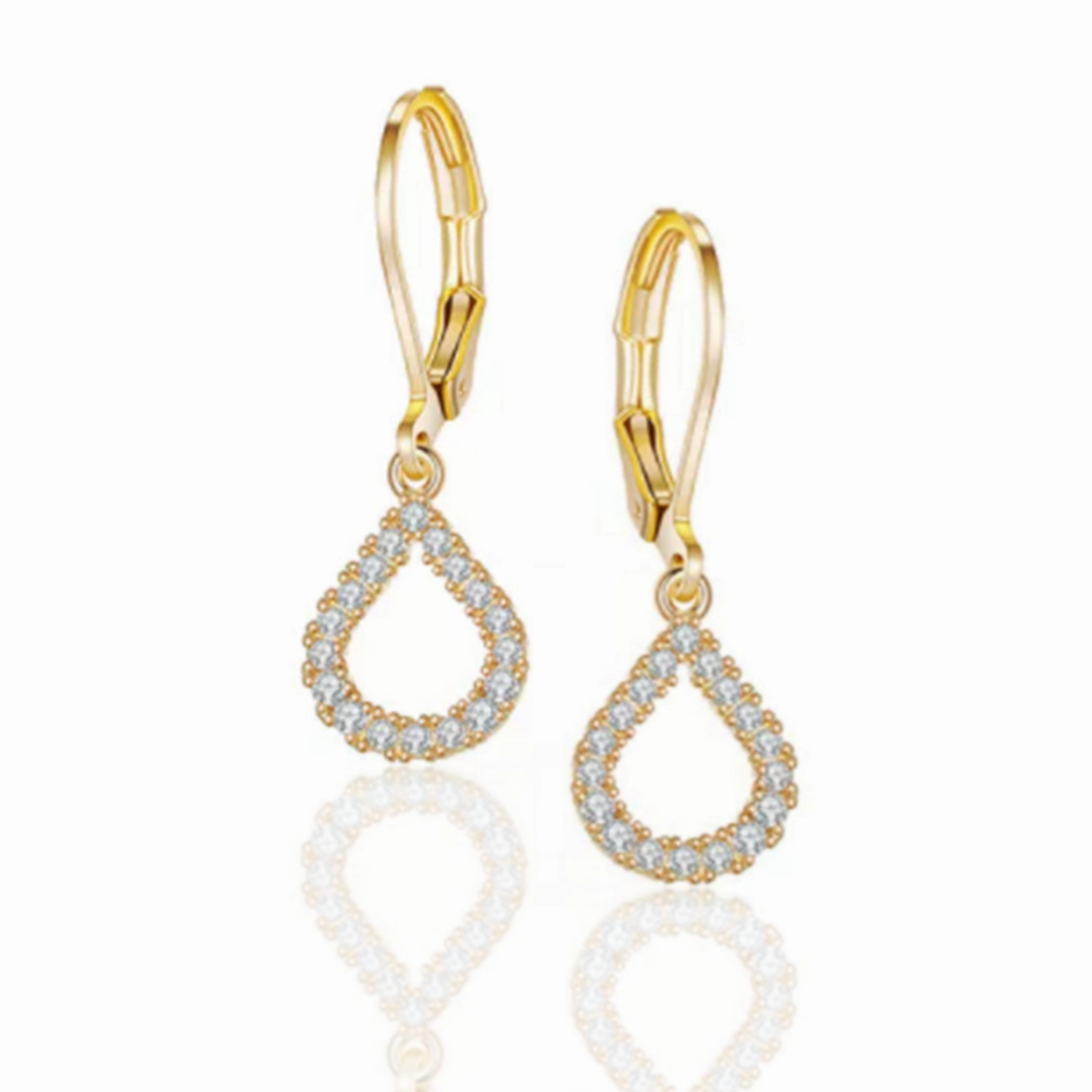 Date Fit Elegant Pair Gold Plated Surgical Steel CZ Hollow Teardrop Shape Earrings