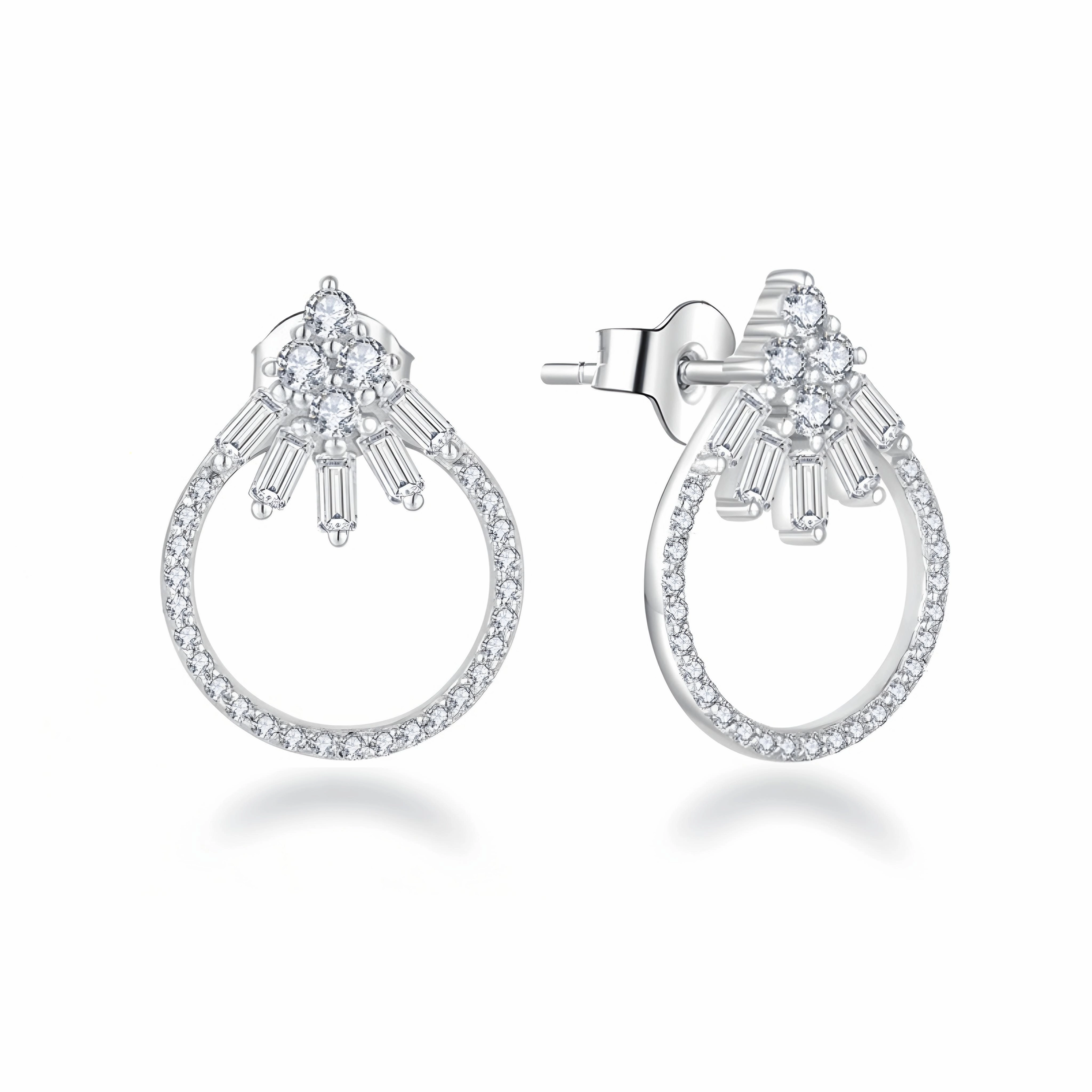Sterling Silver Micropave Round and Baguette CZ Stud Earrings Sophisticated Jewelry Gloss Mode
