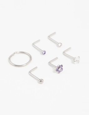 Surgical Steel Cubic Zirconia Flower Nose Piercing 6-Pack Unique Highlight Shimmering Craft