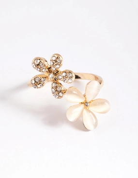 Elegant accessories Effortless Finish Gold Diamante & Cateye Flower Ring