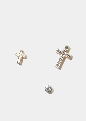 3-Pair Rhinestone Cross Stud Earrings Subtle Feature