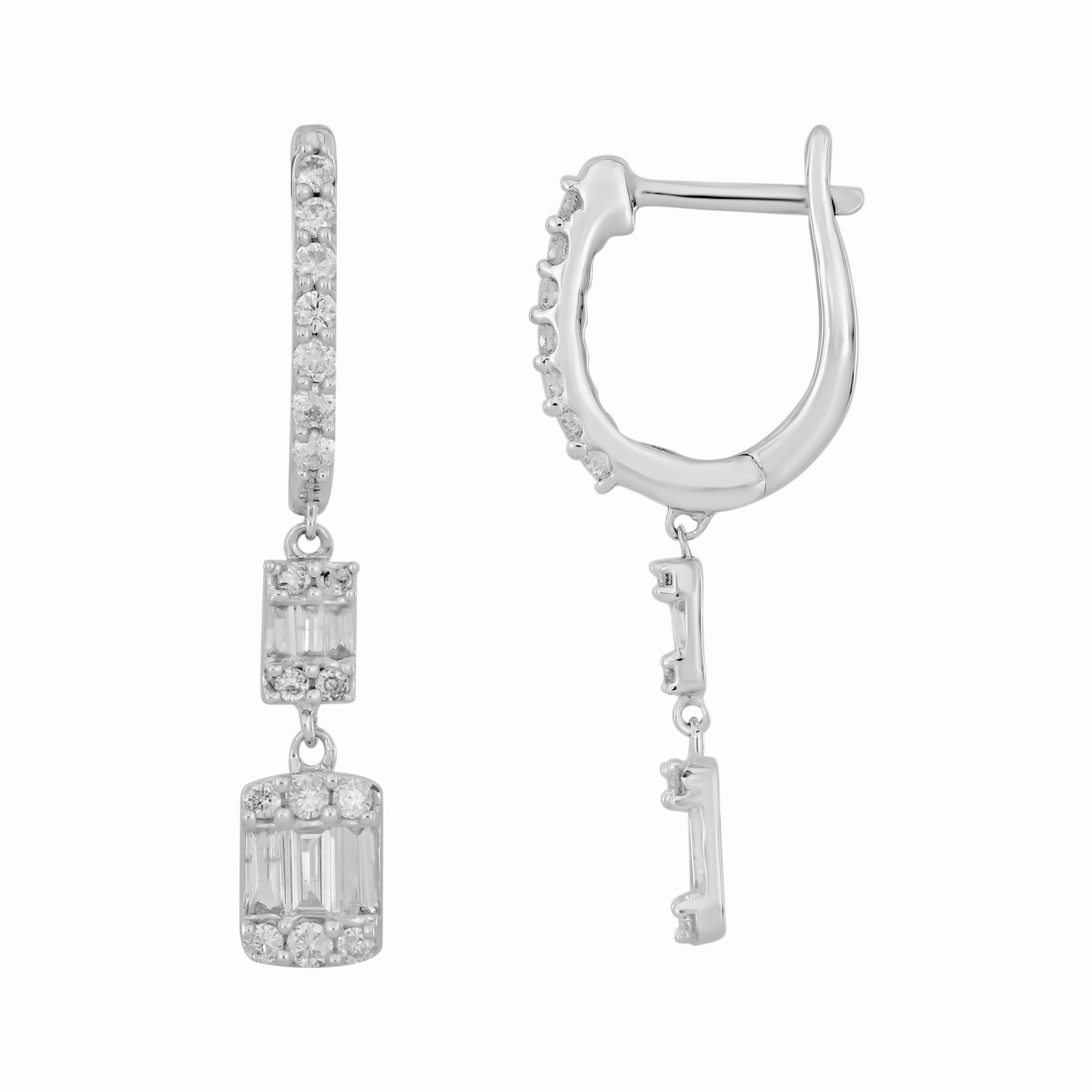 LADIES HOOPS EARRINGS 0.50CT ROUND/BAGUETTE DIAMOND 14K WHITE GOLD Elegant Outline Simple Layer