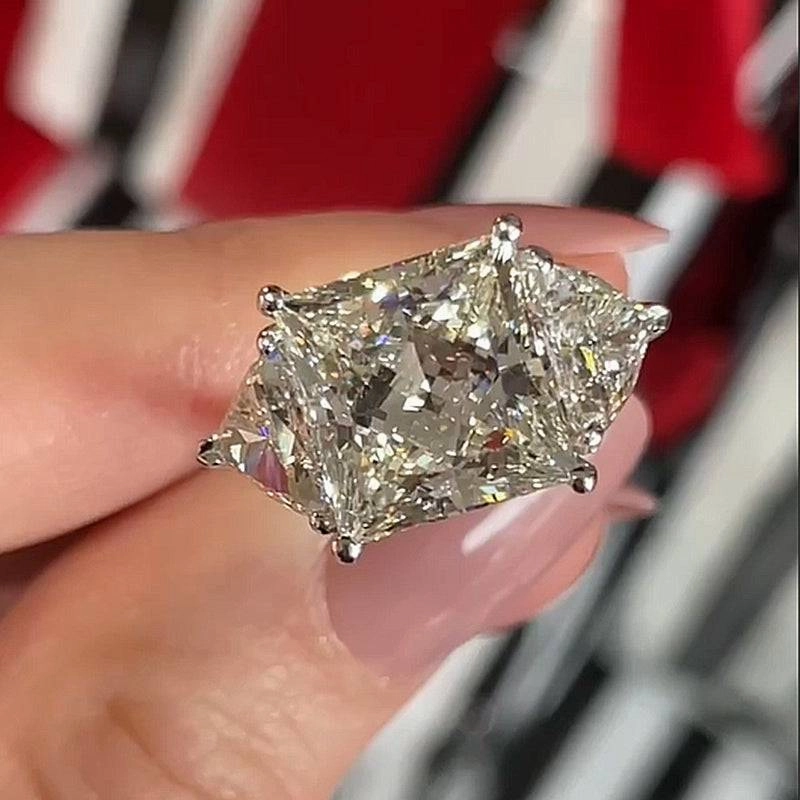 Louily Glittering Crushed Ice Radiant Cut Three Stone Engagement Ring Beautiful Sign simple design