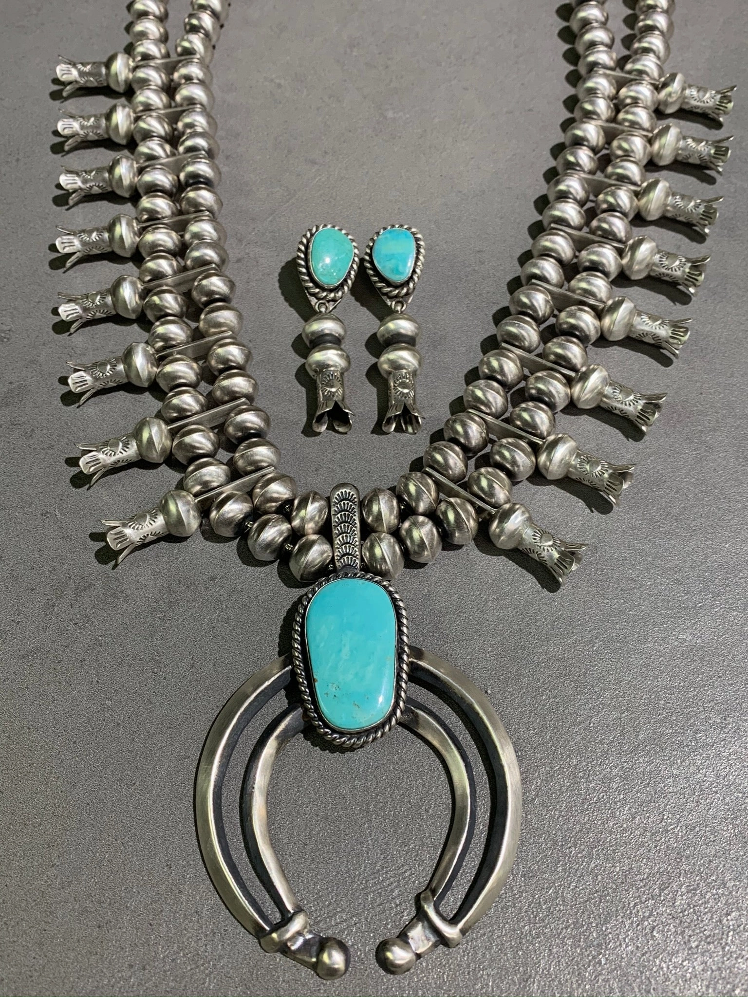 Seasonal Accent CHRIS HALE NAVAJO TURQUOISE STERLING SILVER SQUASH AND EARRING SET