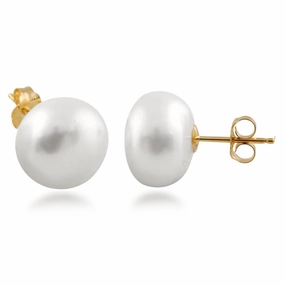 Unique Detail Freshwater Button Pearl Studs With 14k Gold Earring Backs