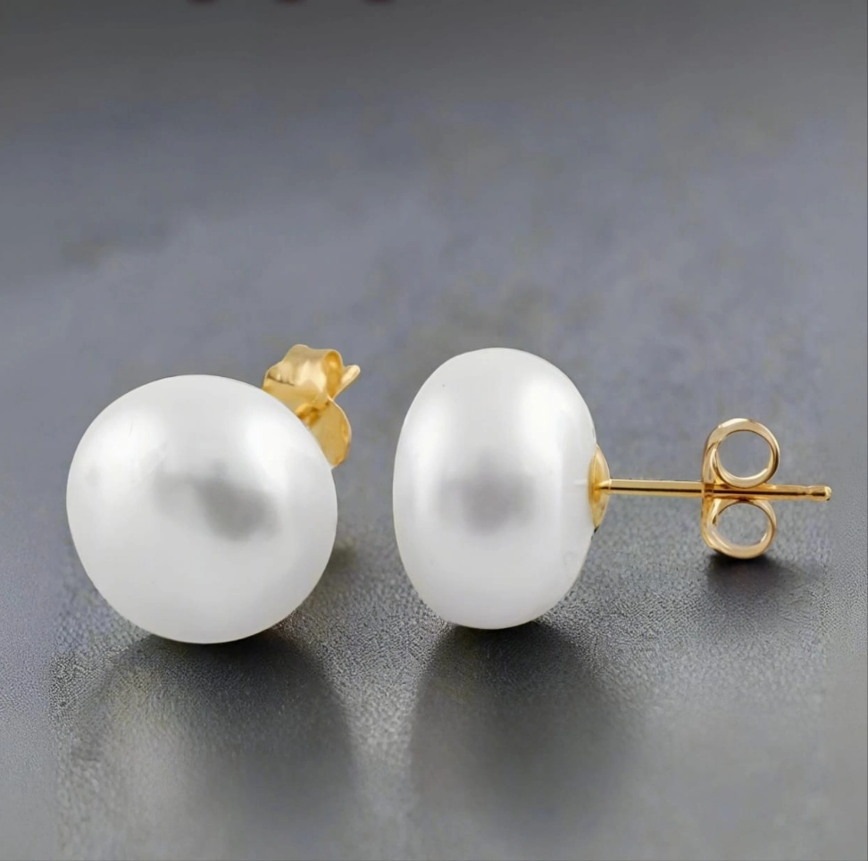 Timeless Features Freshwater Button Pearl Studs With 14k Gold Earring Backs