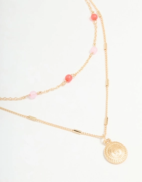 Gold Red & Pink Beaded & Pendant Layered Necklace Exquisite Style