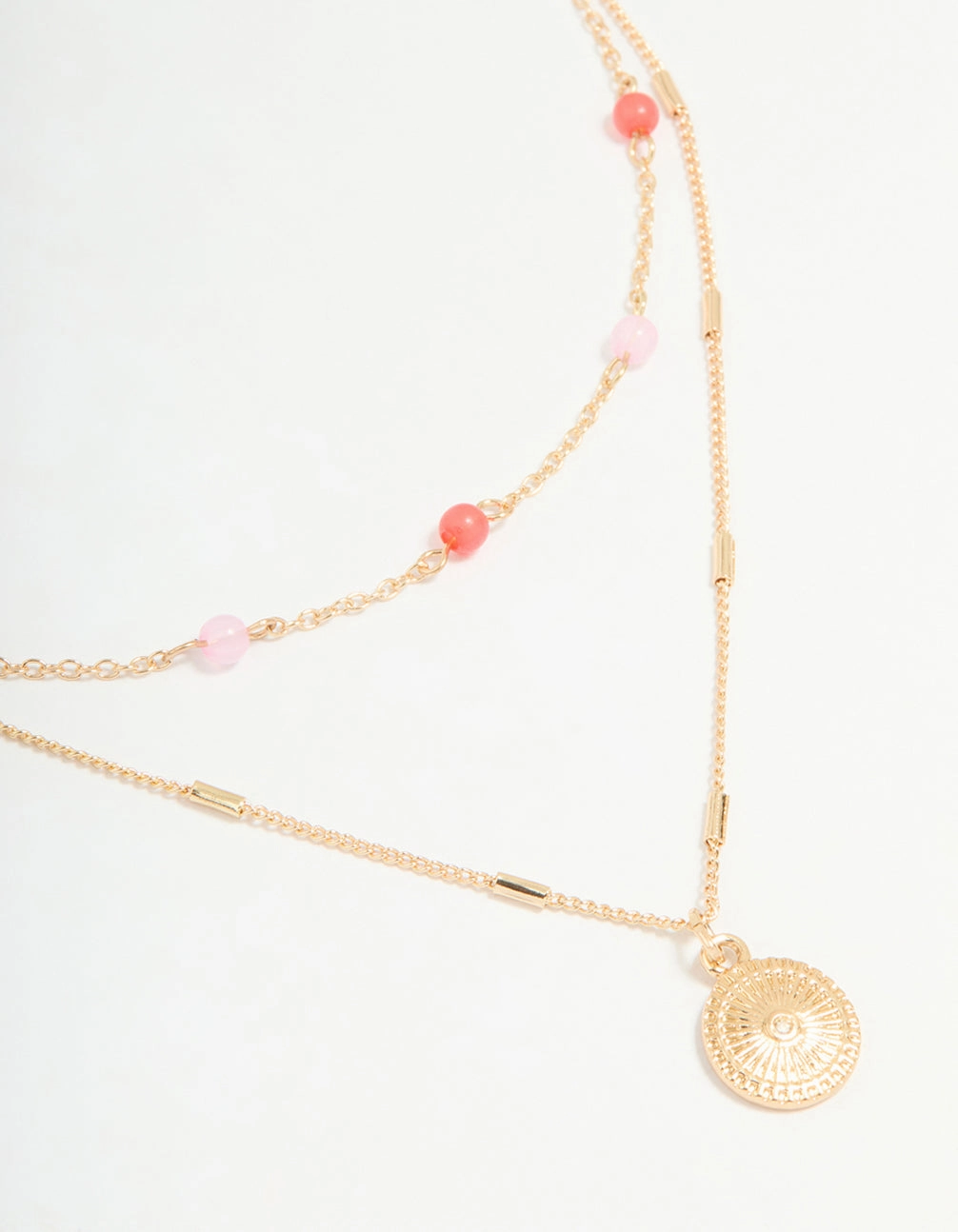 Gold Red & Pink Beaded & Pendant Layered Necklace Exquisite Style
