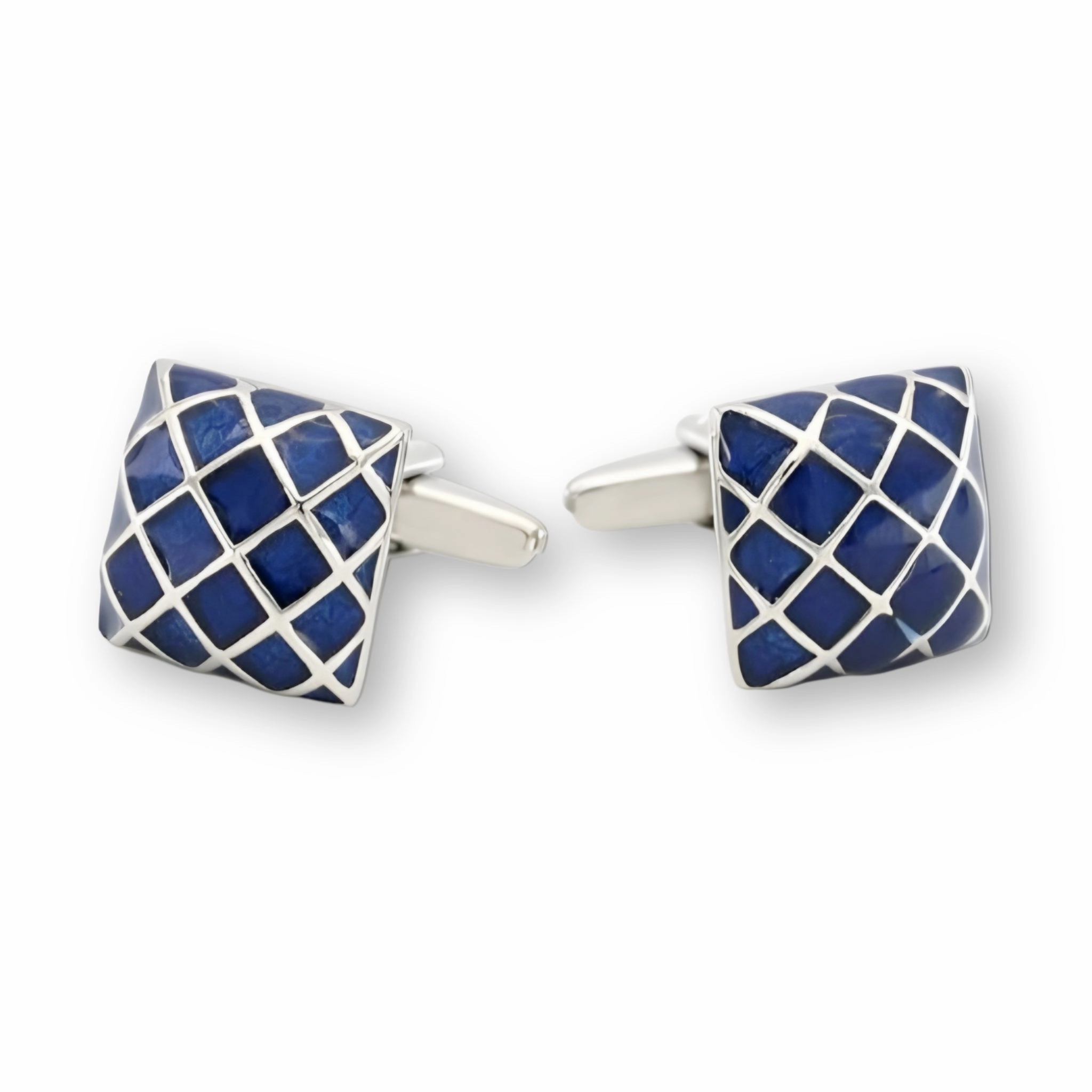 Silver Color Square Cufflinks with Blue Enamel Checkered Design Work Friendly