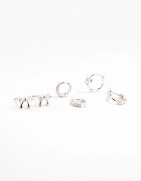 Layered Detail Elegant Charm Silver Cubic Zirconia Bow Stud & Hoop Earrings 3-Pack
