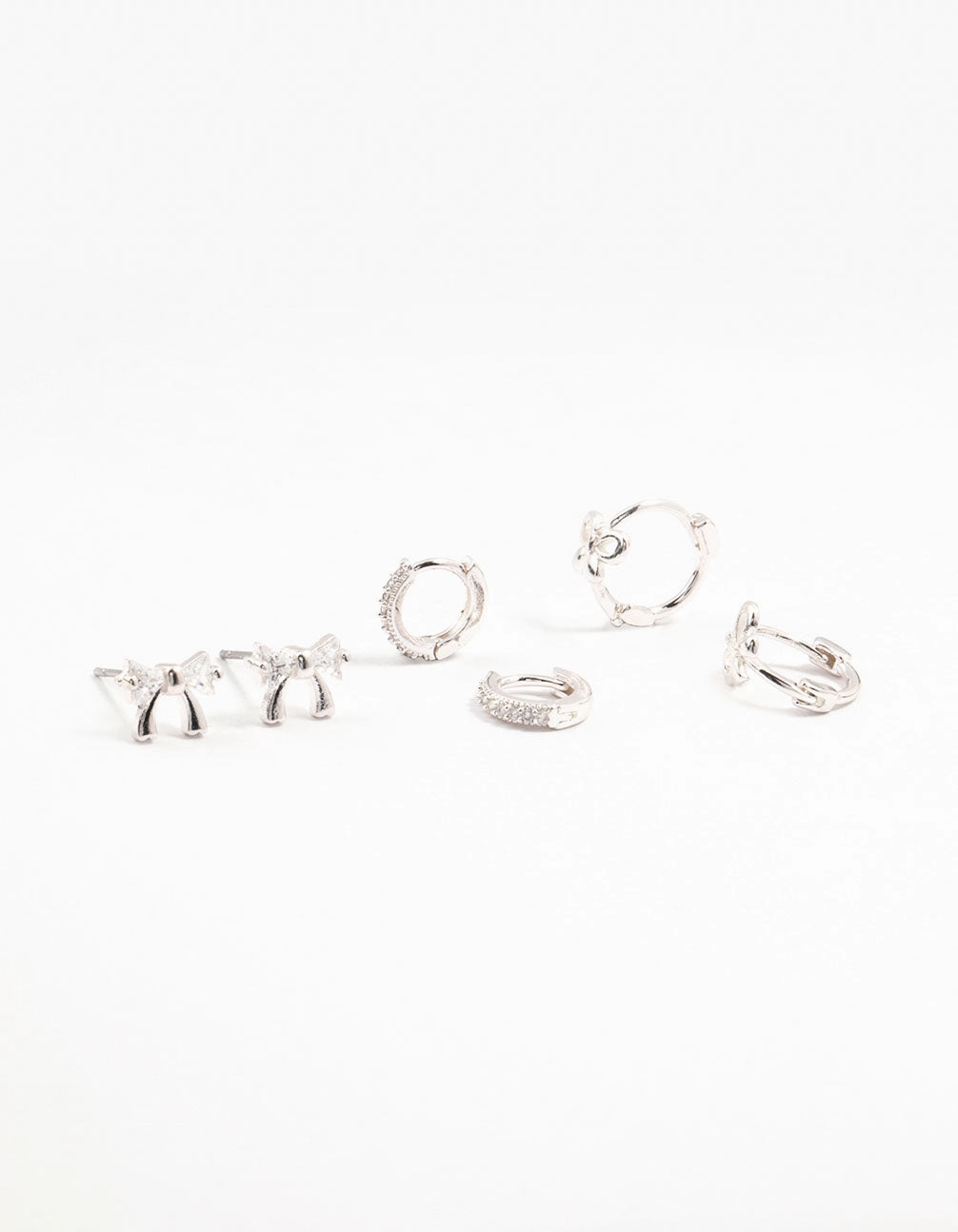 Layered Detail Elegant Charm Silver Cubic Zirconia Bow Stud & Hoop Earrings 3-Pack