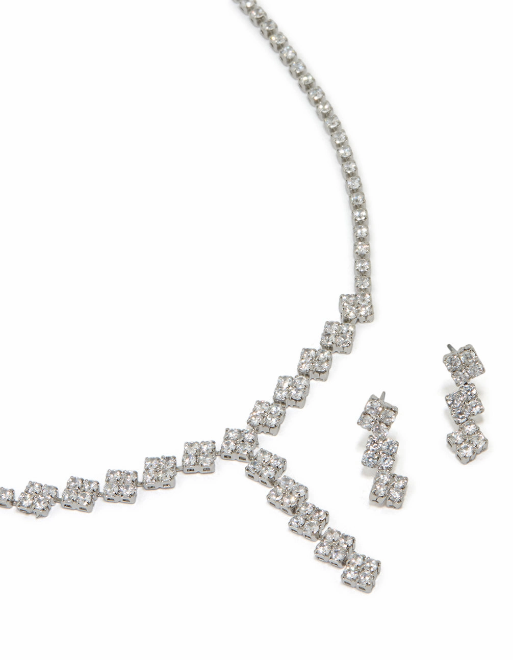 Silver Cubic Zirconia Flower Y-Necklace & Earrings Set Luxury Highlight