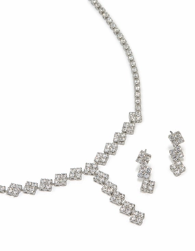 Silver Cubic Zirconia Flower Y-Necklace & Earrings Set Luxury Highlight