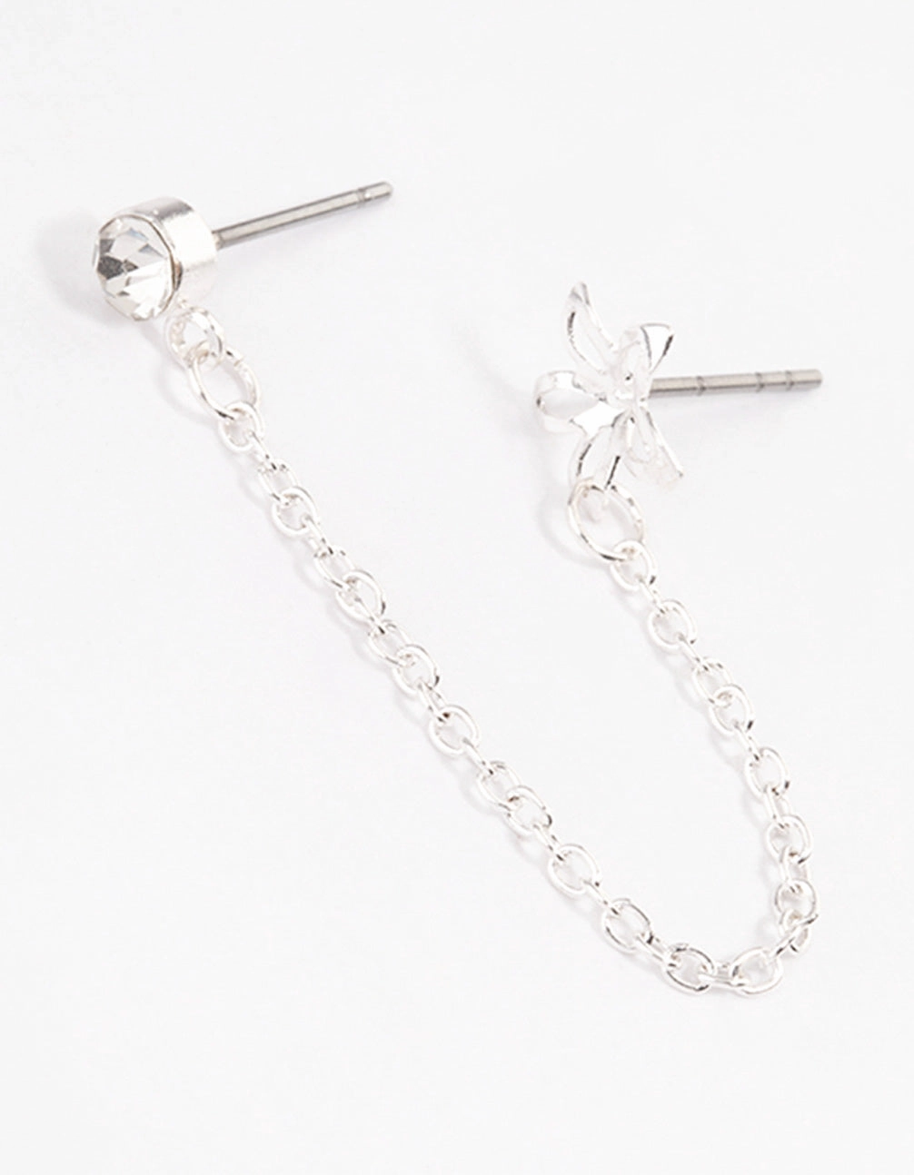 Silver Diamante & Flower Chain Earrings Wedding Look Chic Line